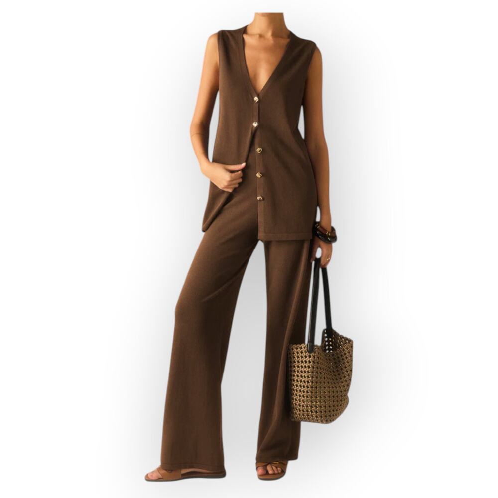 Commense Brown Knit Vest & Wide Leg Pants Set Gold Button Lounge Set NWT XL - Picture 6 of 7